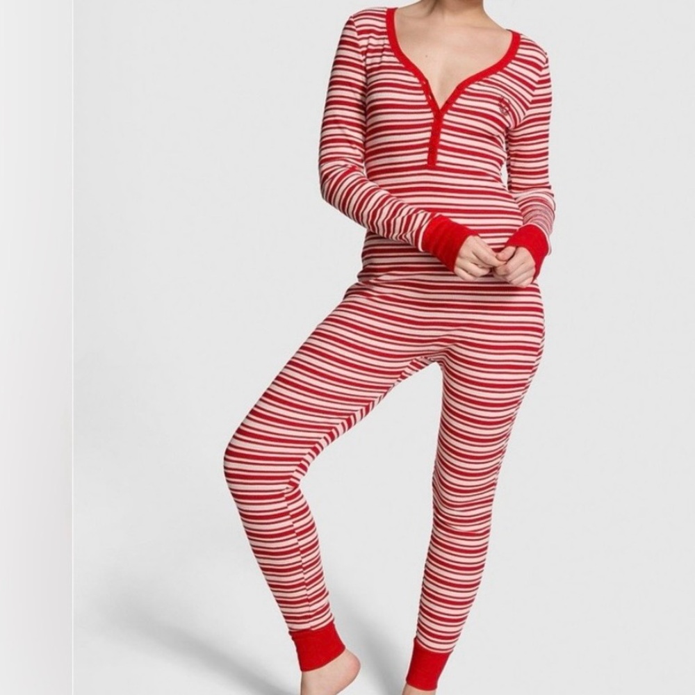 Victorias Secret PINK Red White Stripe Pajama Small Cozy Girl Loungewear Holiday